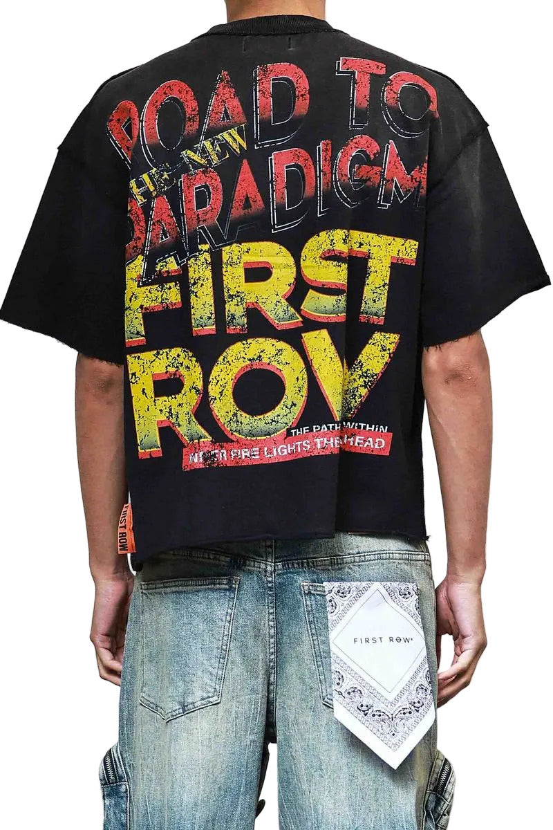 First Row New Paradigm Driving High cropped mini terry t-shirt with rhinestone detailing, raw-edge hem, and ribbed neck