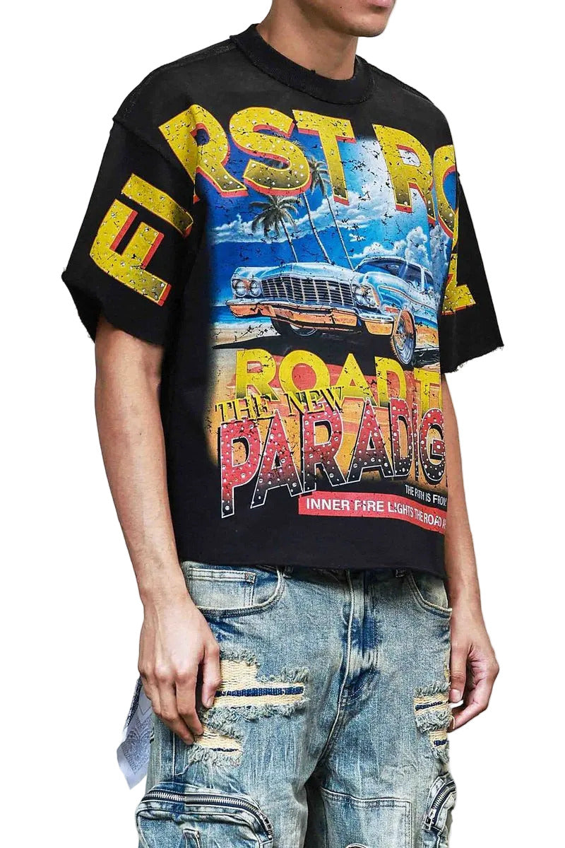 First Row New Paradigm Driving High cropped mini terry t-shirt with rhinestone detailing, raw-edge hem, and ribbed neck