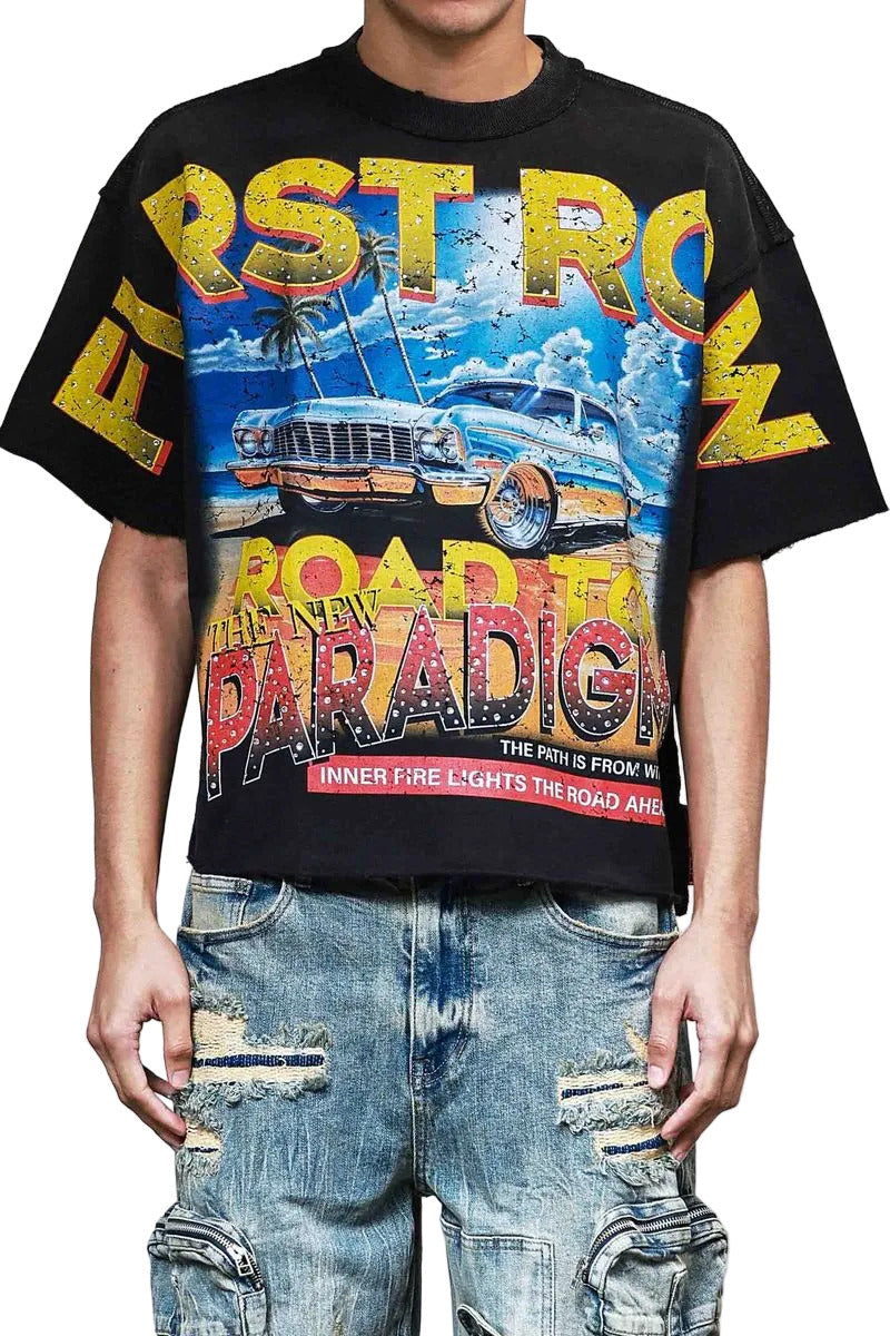 First Row New Paradigm Driving High cropped mini terry t-shirt with rhinestone detailing, raw-edge hem, and ribbed neck