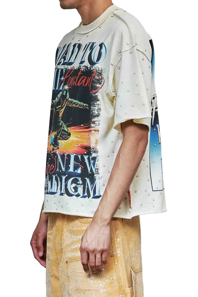 First Row New Paradigm Constant Practice cropped mini terry t-shirt with pearl stud detailing, raw-edge hem, and ribbed neck