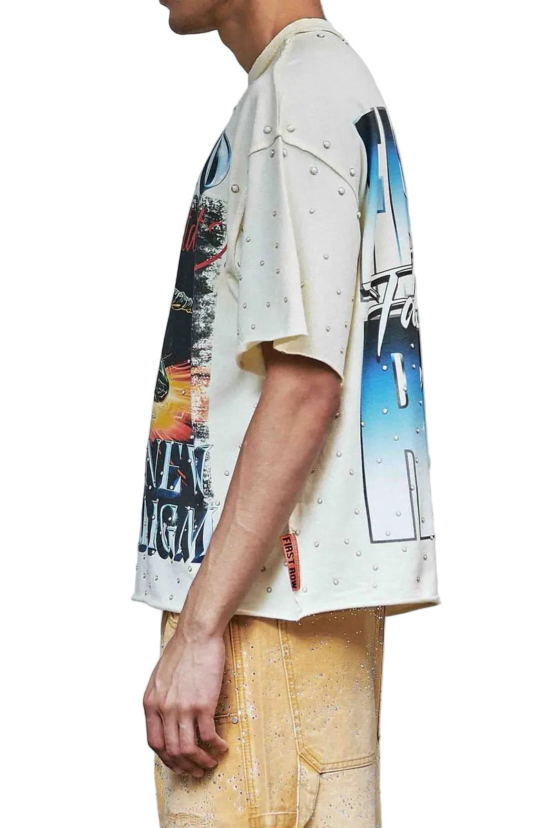 First Row New Paradigm Constant Practice cropped mini terry t-shirt with pearl stud detailing, raw-edge hem, and ribbed neck