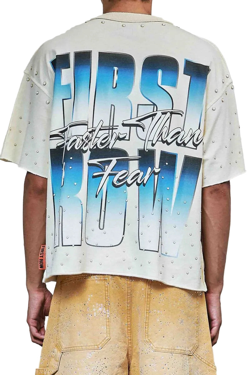 First Row New Paradigm Constant Practice cropped mini terry t-shirt with pearl stud detailing, raw-edge hem, and ribbed neck