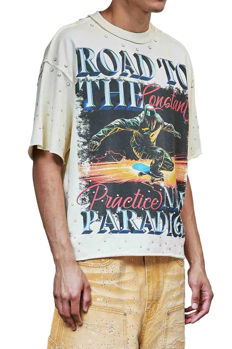 First Row New Paradigm Constant Practice cropped mini terry t-shirt with pearl stud detailing, raw-edge hem, and ribbed neck