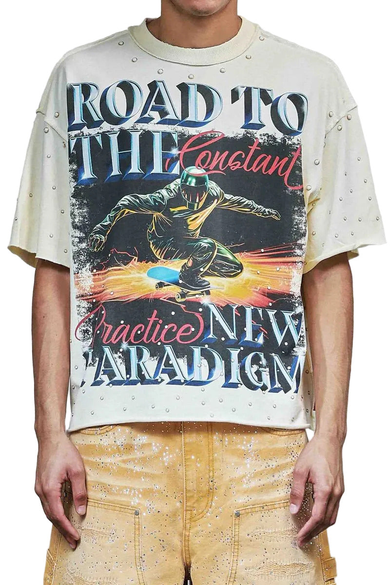 First Row New Paradigm Constant Practice cropped mini terry t-shirt with pearl stud detailing, raw-edge hem, and ribbed neck