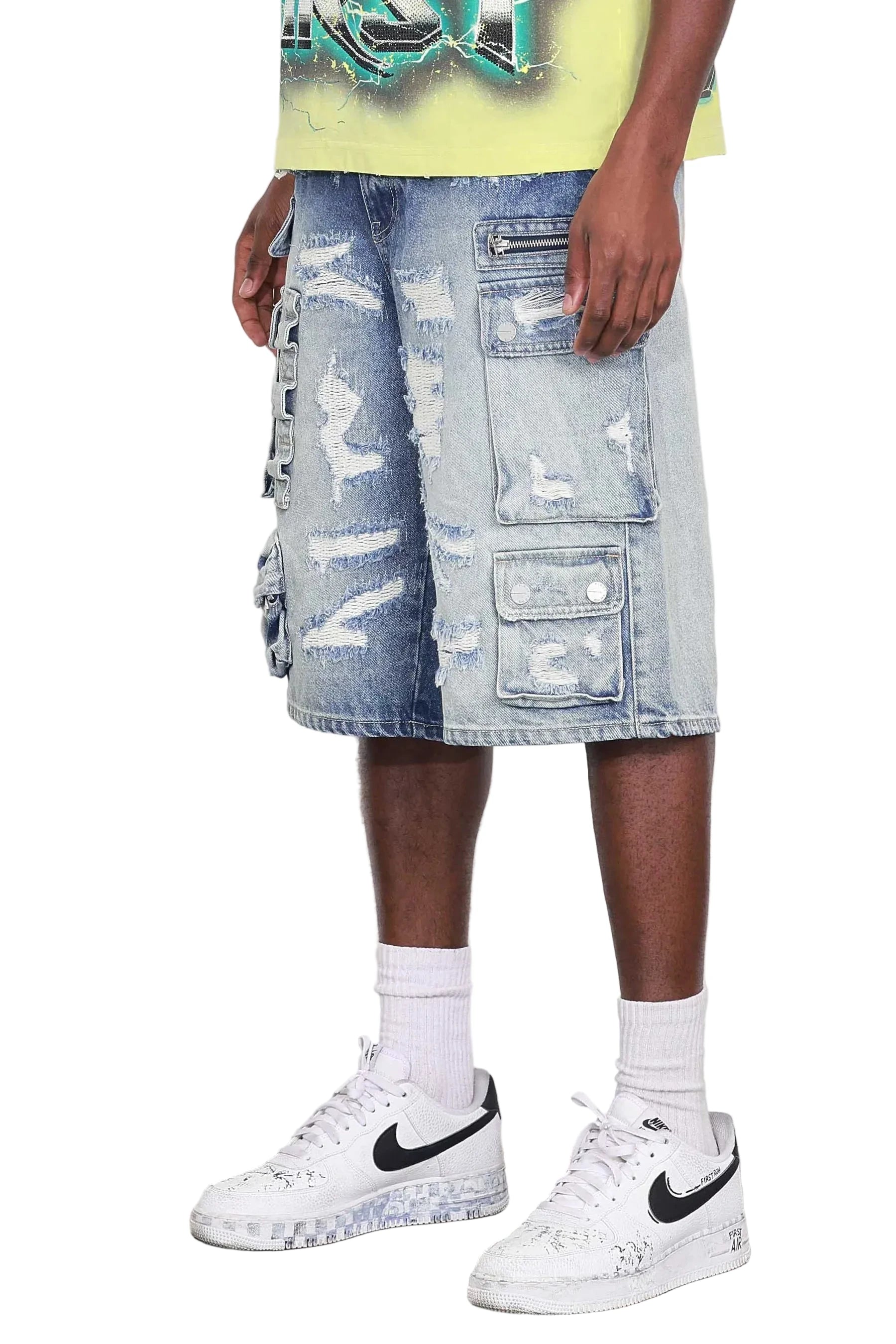 First Row Washed Multi Cargo Denim Jorts with distress detailing, raw edge hem, and cargo pockets