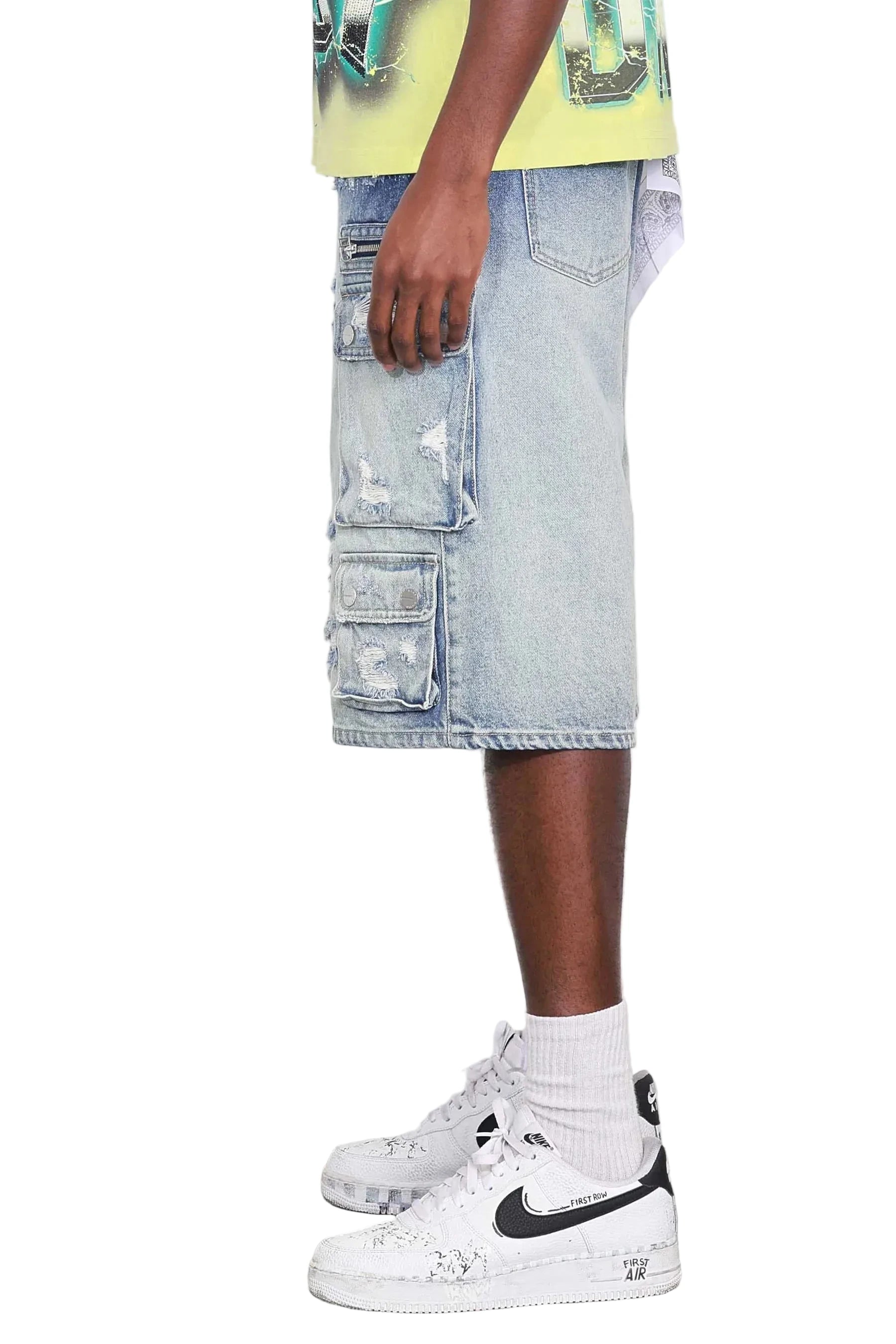 First Row Washed Multi Cargo Denim Jorts with distress detailing, raw edge hem, and cargo pockets