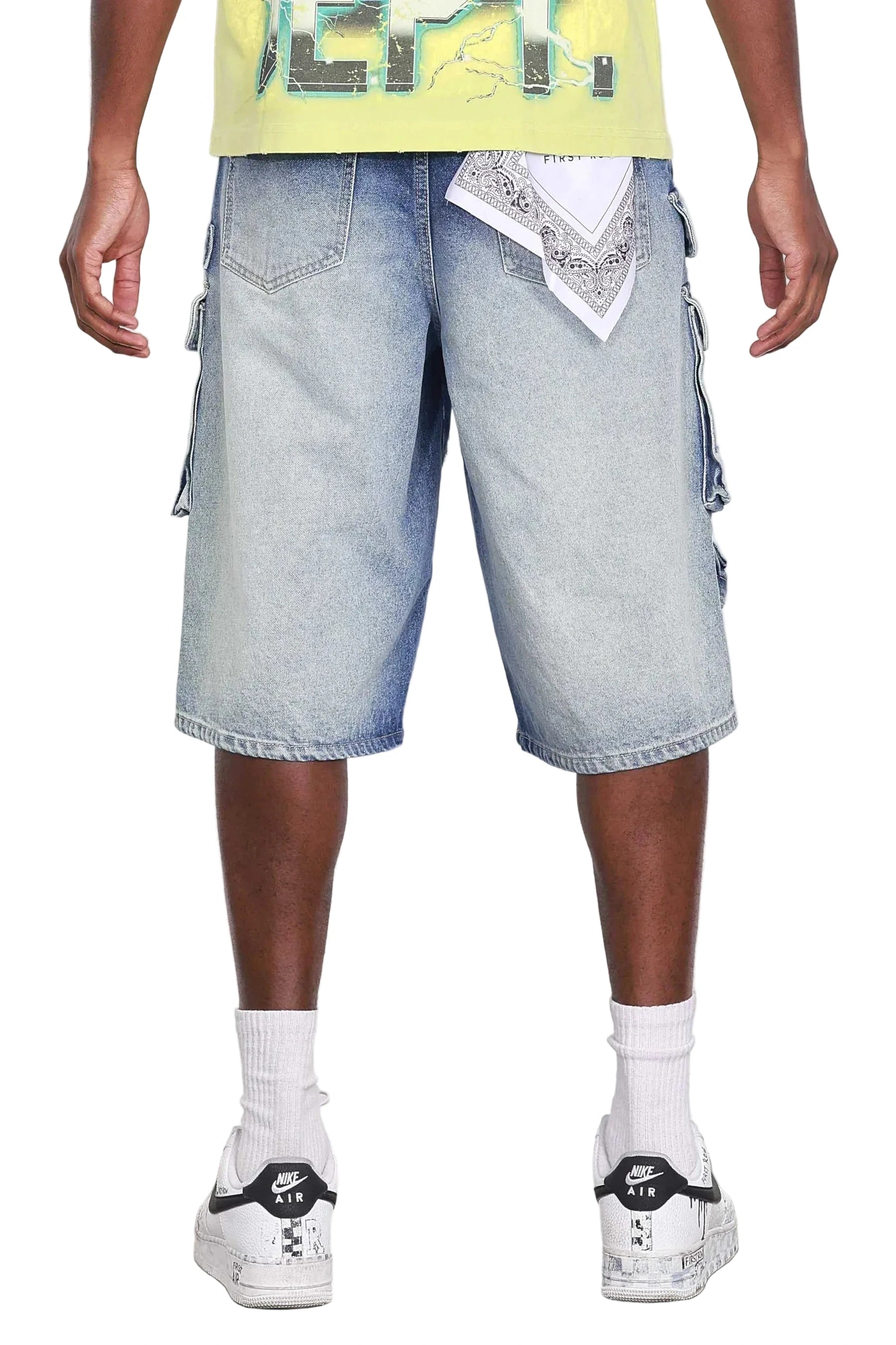 First Row Washed Multi Cargo Denim Jorts with distress detailing, raw edge hem, and cargo pockets