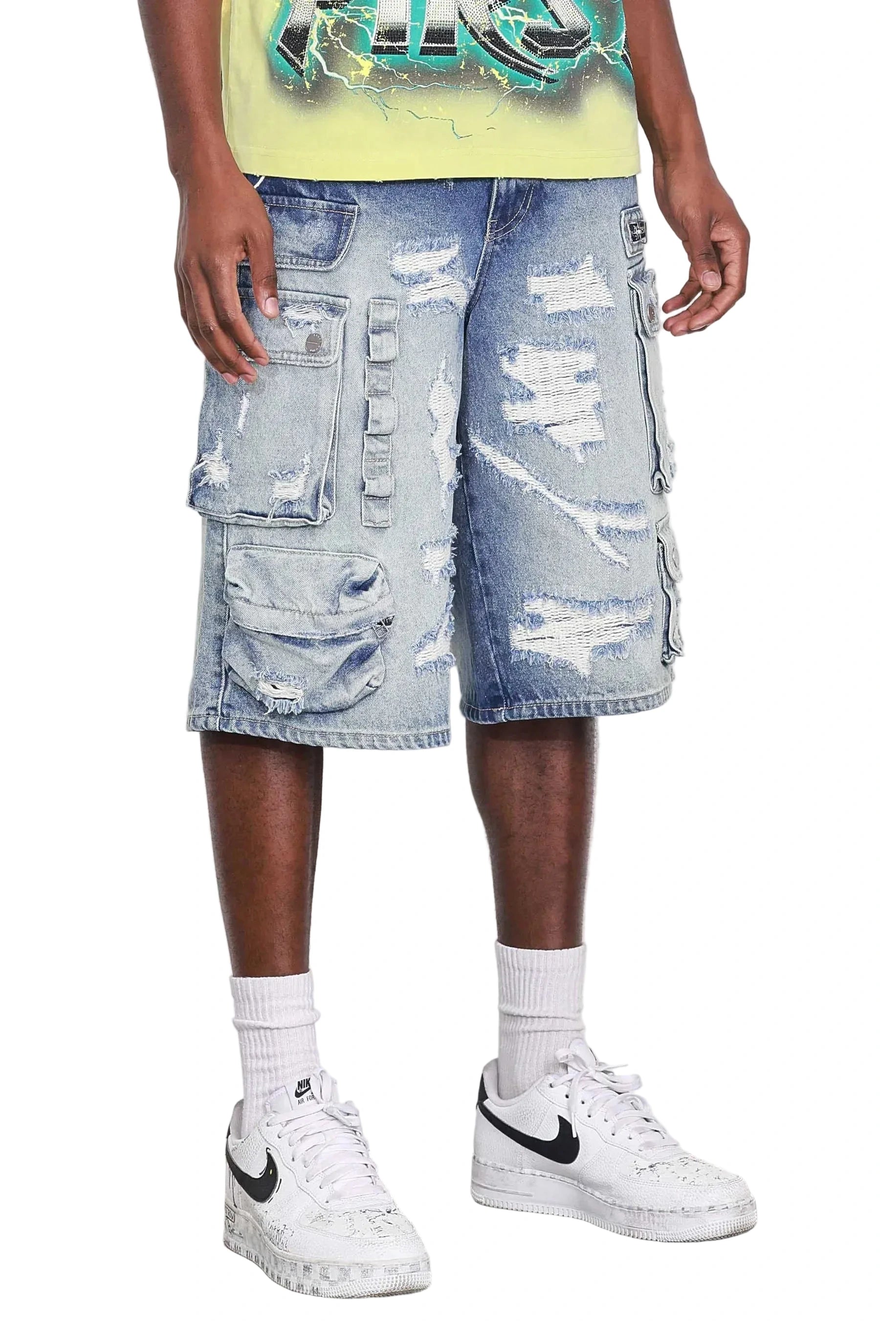 First Row Washed Multi Cargo Denim Jorts with distress detailing, raw edge hem, and cargo pockets