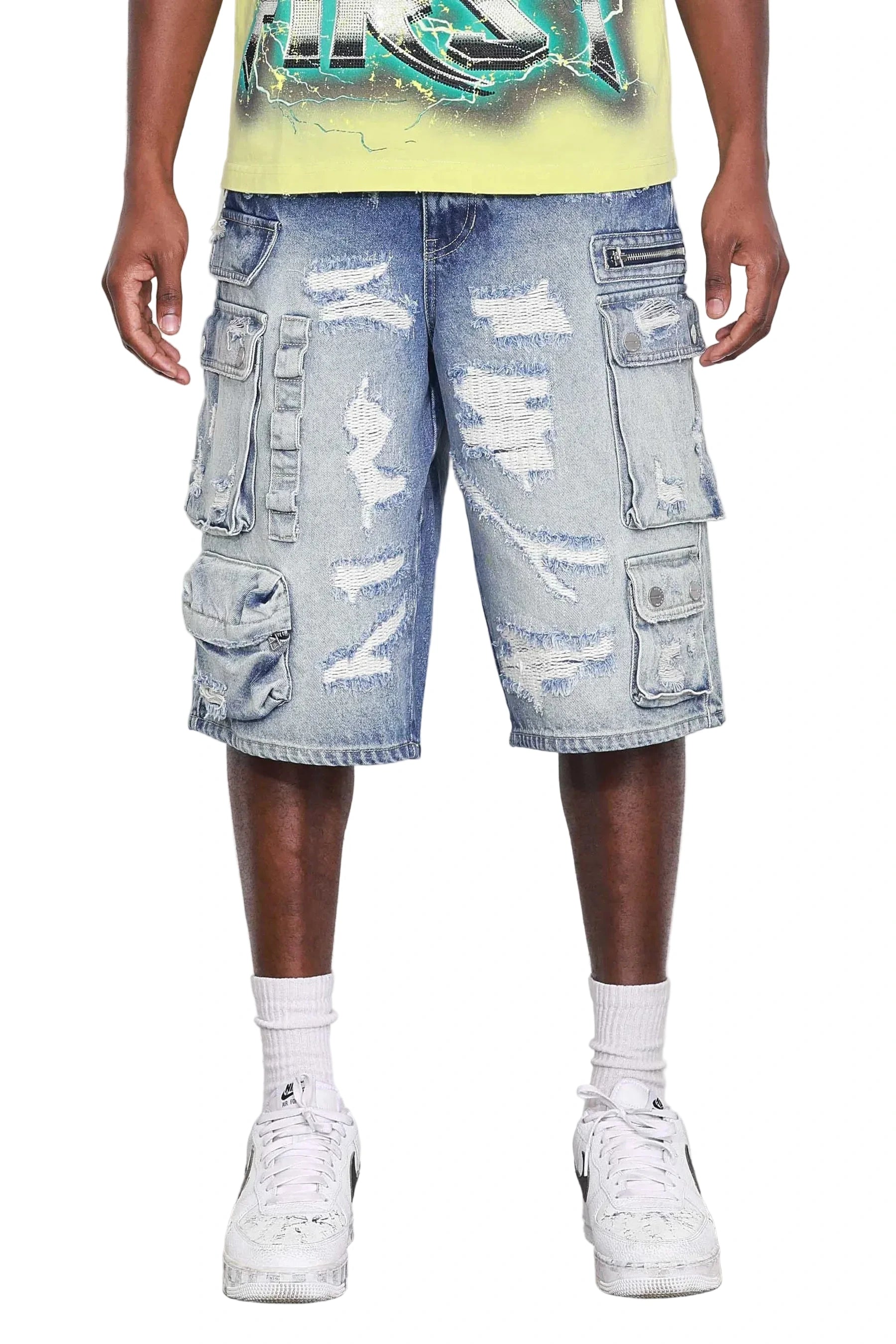 First Row Washed Multi Cargo Denim Jorts with distress detailing, raw edge hem, and cargo pockets