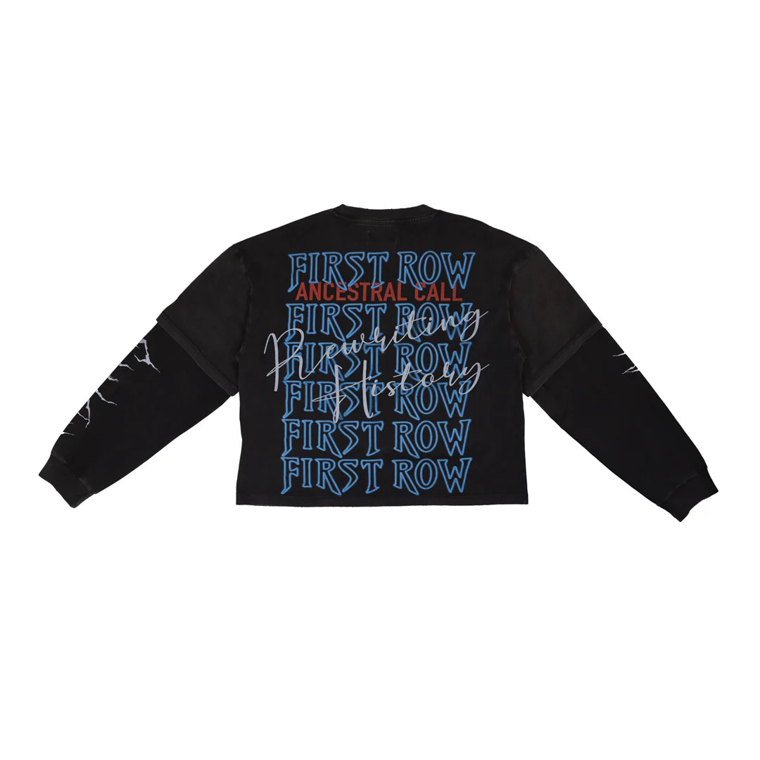 First Row Ancestral Call Silent Sentinel heavy washed cropped twofer tee with rhinestones, slightly oversized fit, and ribbed cuffs and neck