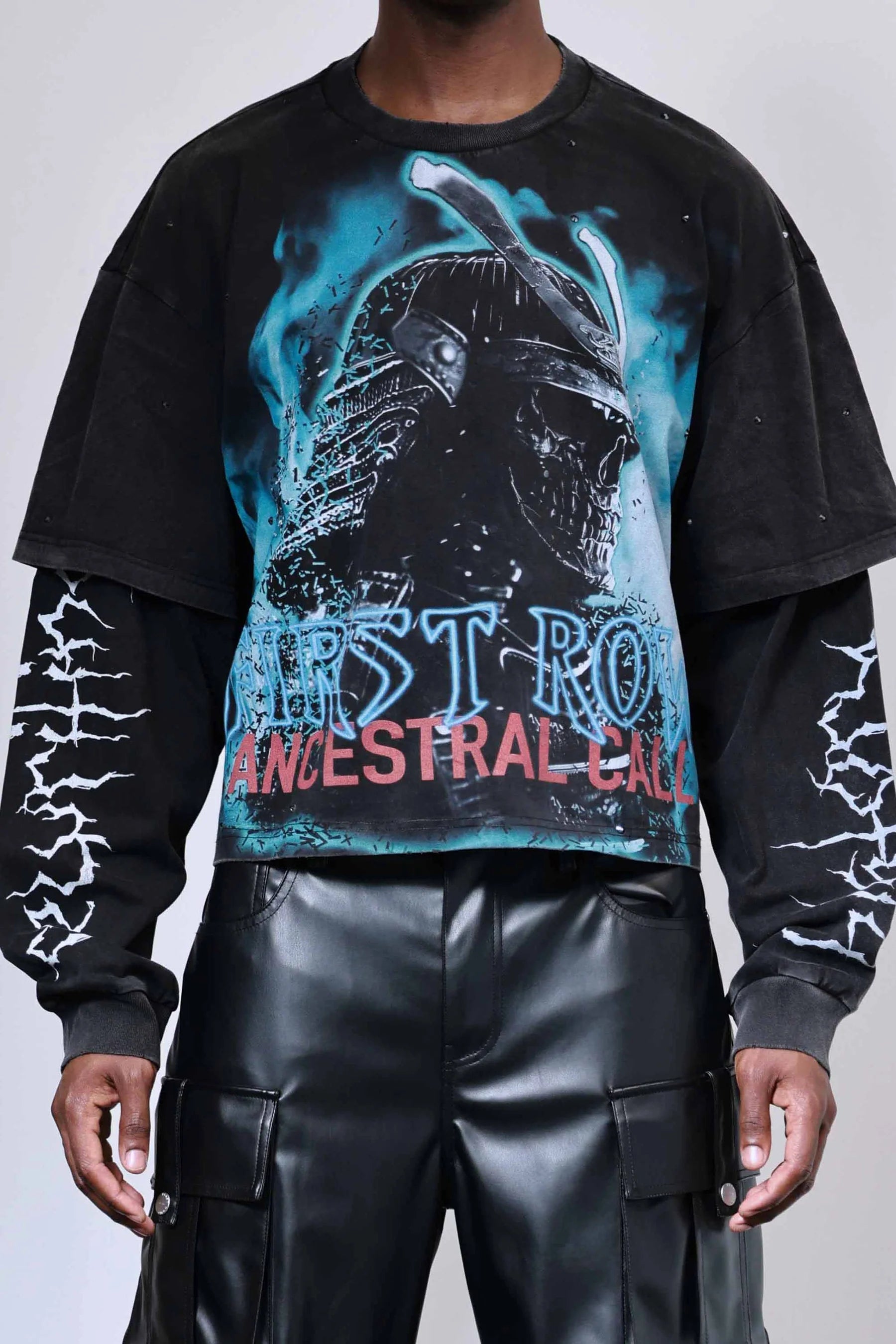 First Row Ancestral Call Silent Sentinel heavy washed cropped twofer tee with rhinestones, slightly oversized fit, and ribbed cuffs and neck