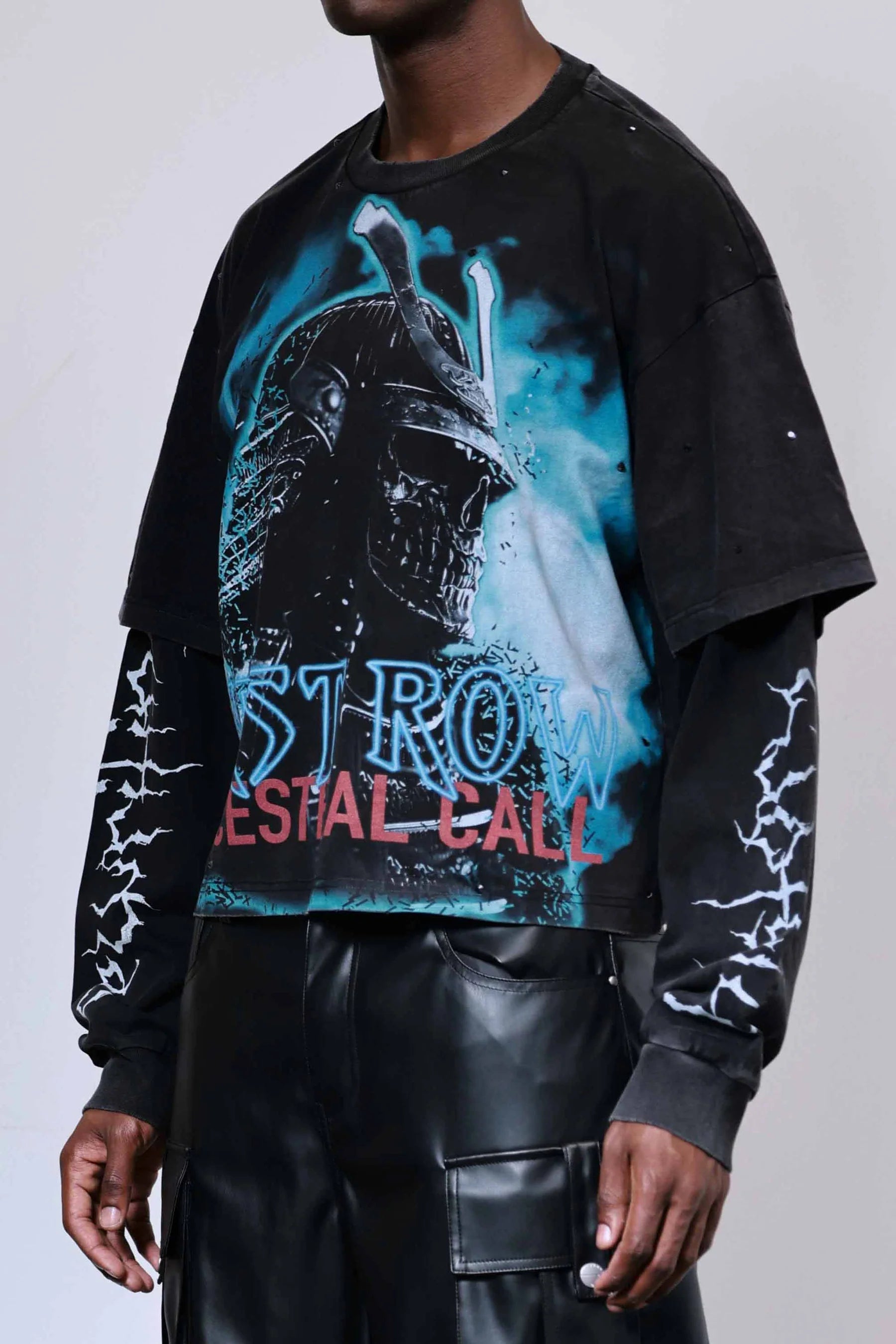 First Row Ancestral Call Silent Sentinel heavy washed cropped twofer tee with rhinestones, slightly oversized fit, and ribbed cuffs and neck