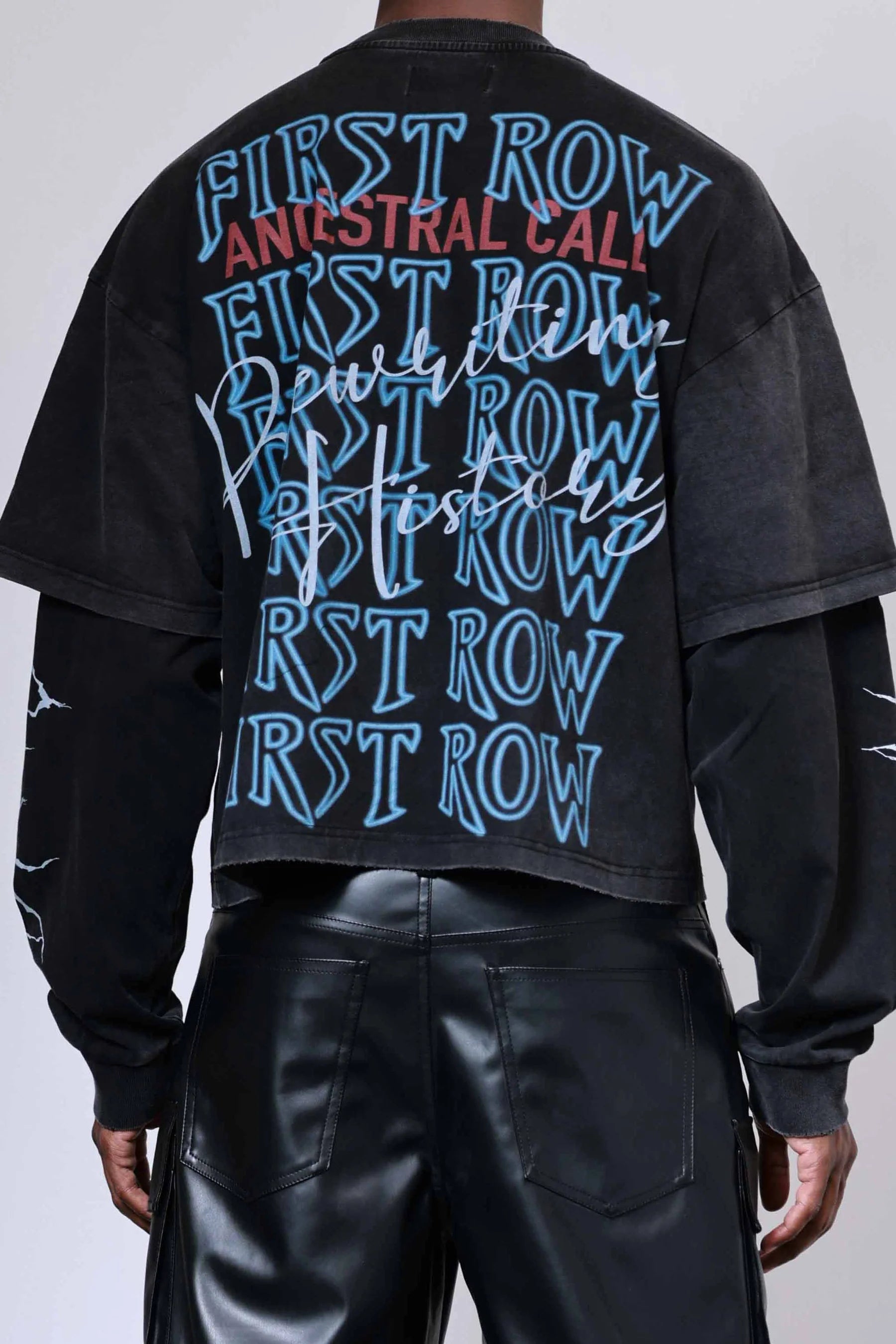 First Row Ancestral Call Silent Sentinel heavy washed cropped twofer tee with rhinestones, slightly oversized fit, and ribbed cuffs and neck