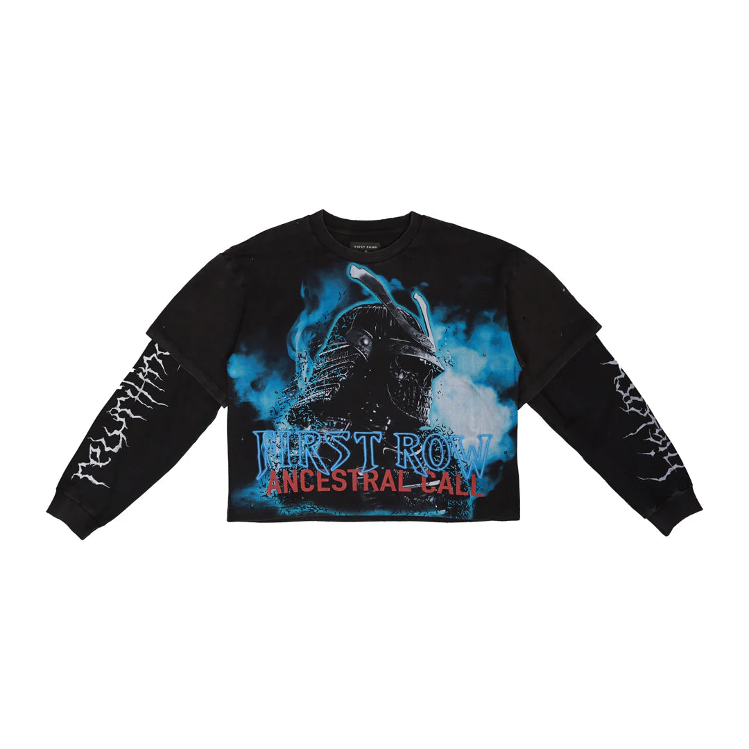 First Row Ancestral Call Silent Sentinel heavy washed cropped twofer tee with rhinestones, slightly oversized fit, and ribbed cuffs and neck