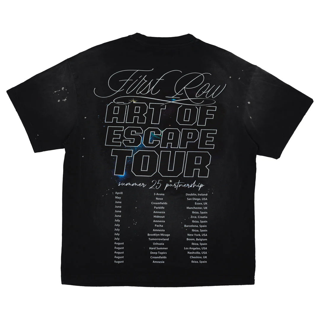 "First Row Art of Escape Tour Tee with heavy washed graphic, stone detail, and distressed hem."