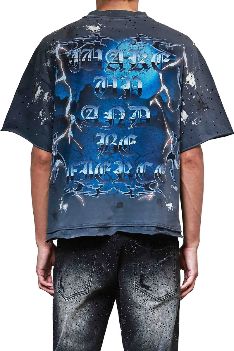 FRT2251 washed crop T-shirt with rhinestone and hand print details, raw-edge hem, and ribbed neckline