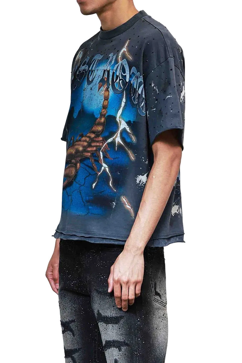 FRT2251 washed crop T-shirt with rhinestone and hand print details, raw-edge hem, and ribbed neckline