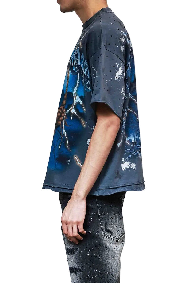 FRT2251 washed crop T-shirt with rhinestone and hand print details, raw-edge hem, and ribbed neckline