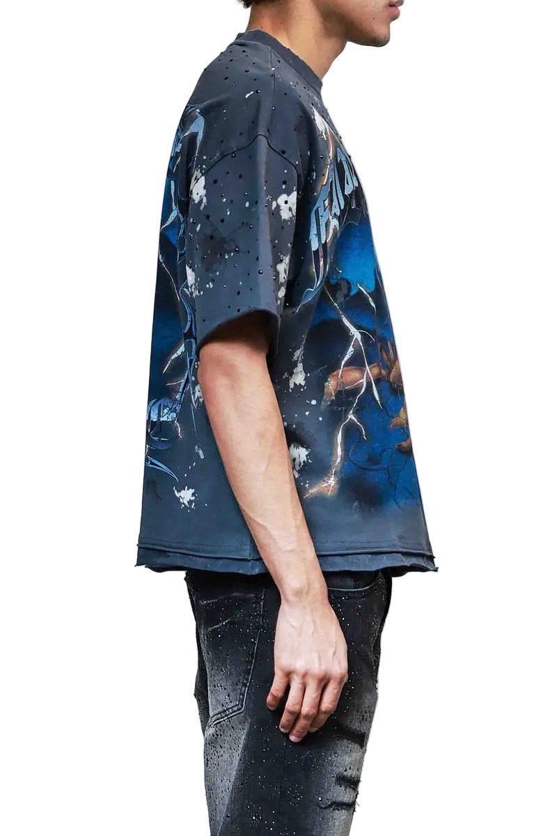 FRT2251 washed crop T-shirt with rhinestone and hand print details, raw-edge hem, and ribbed neckline