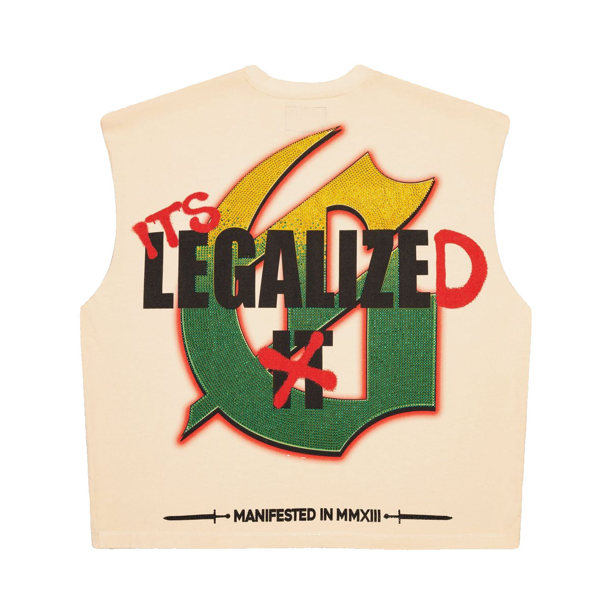 Godspeed 420 Indoor VVS Sleeveless Bone Tee with bold digital artwork and VVS stone accents, limited to 444 numbered units.