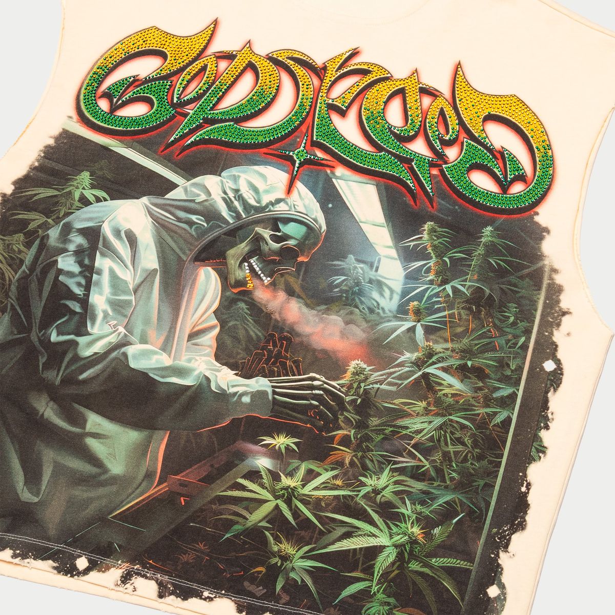 Godspeed 420 Indoor VVS Sleeveless Bone Tee with bold digital artwork and VVS stone accents, limited to 444 numbered units.