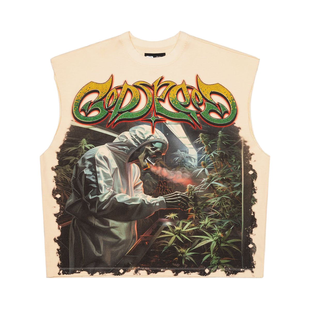 Godspeed 420 Indoor VVS Sleeveless Bone Tee with bold digital artwork and VVS stone accents, limited to 444 numbered units.