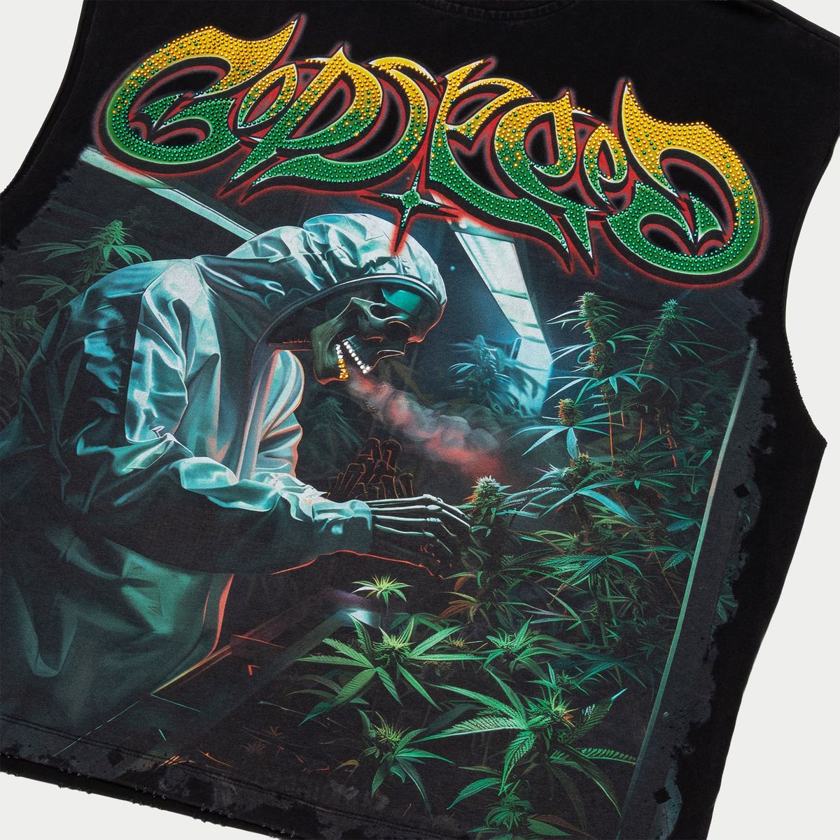 Godspeed 420 Indoor VVS Sleeveless Blsa Tee with bold digital artwork and VVS stone accents, limited to 444 numbered units.