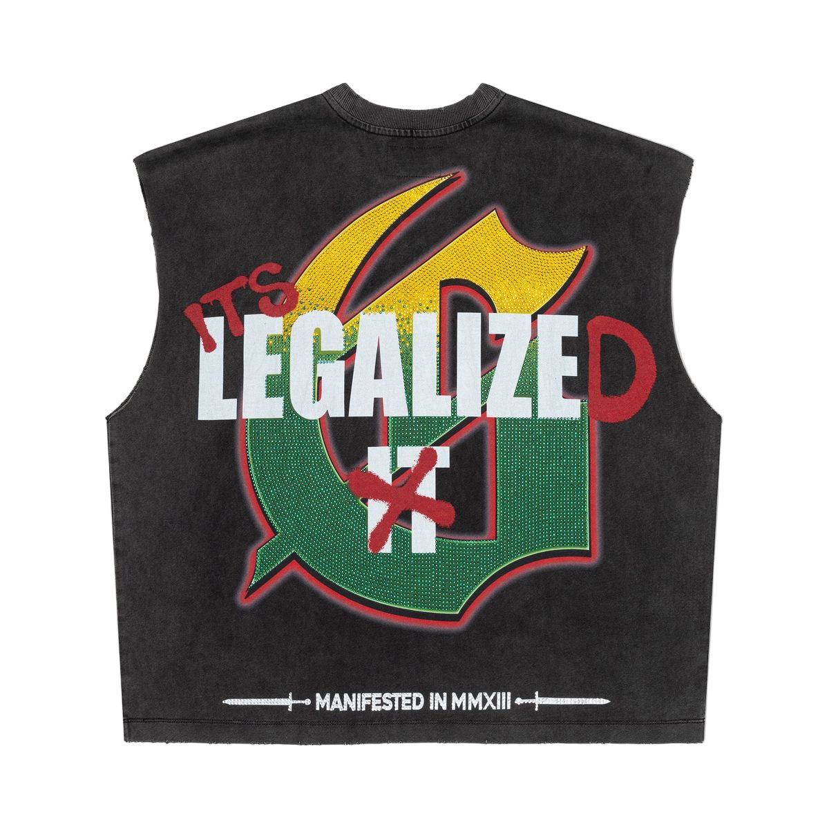 Godspeed 420 Indoor VVS Sleeveless Grey Wash Tee with bold digital artwork and VVS stone detailing, limited to 444 numbered units.