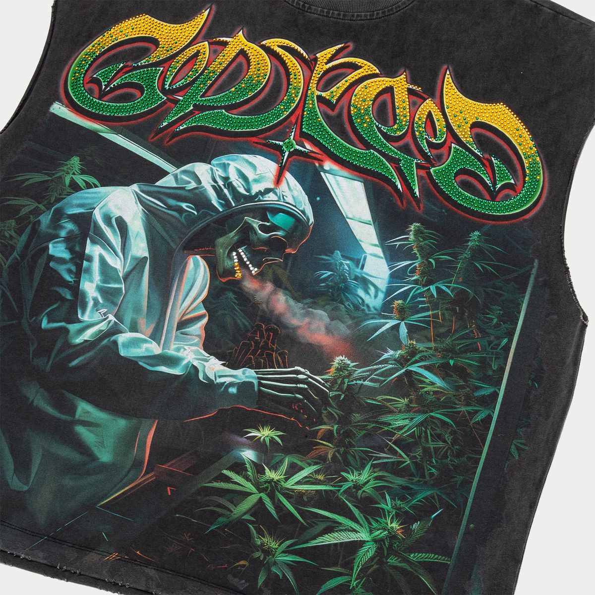 Godspeed 420 Indoor VVS Sleeveless Grey Wash Tee with bold digital artwork and VVS stone detailing, limited to 444 numbered units.