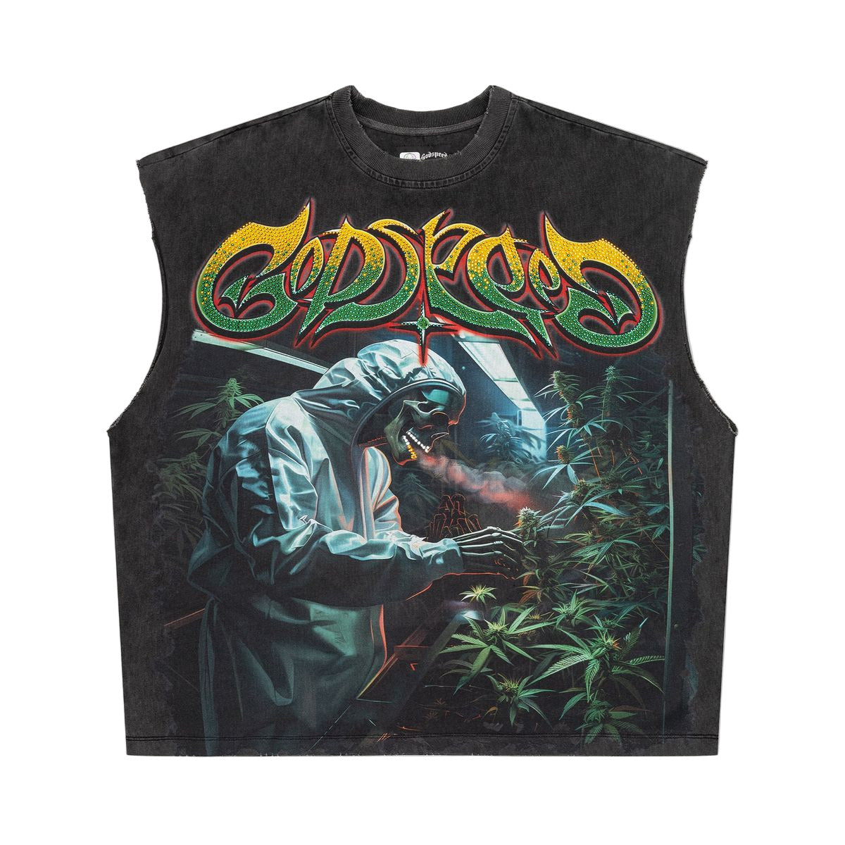 Godspeed 420 Indoor VVS Sleeveless Grey Wash Tee with bold digital artwork and VVS stone detailing, limited to 444 numbered units.