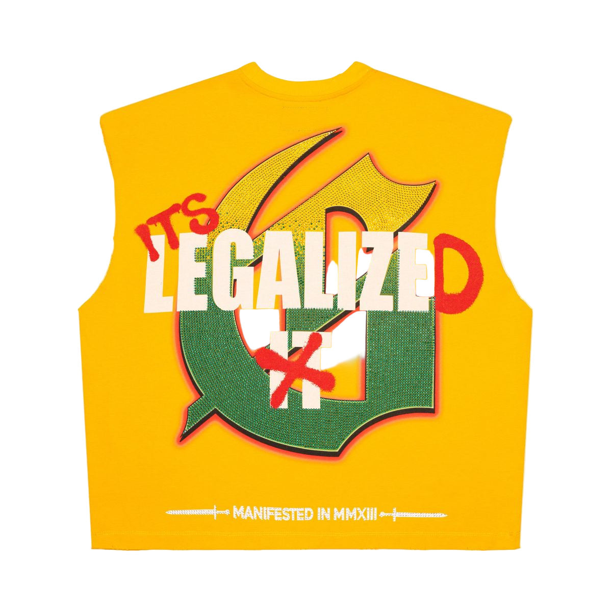 Godspeed 420 Indoor VVS Sleeveless Yellow Tee with crown art and stone detailing, limited to 444 numbered examples.