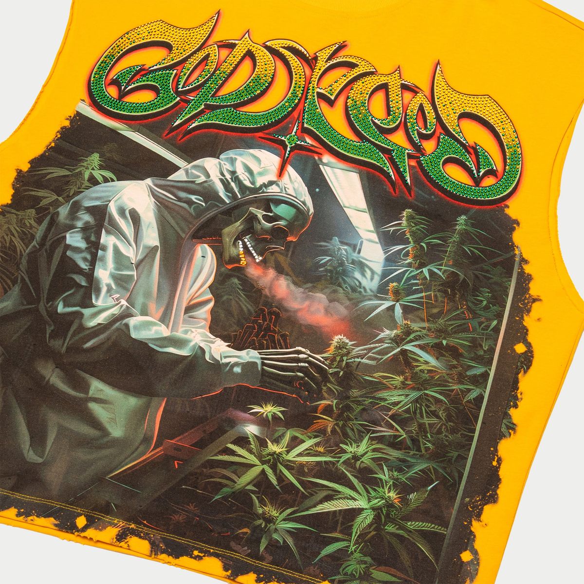 Godspeed 420 Indoor VVS Sleeveless Yellow Tee with crown art and stone detailing, limited to 444 numbered examples.