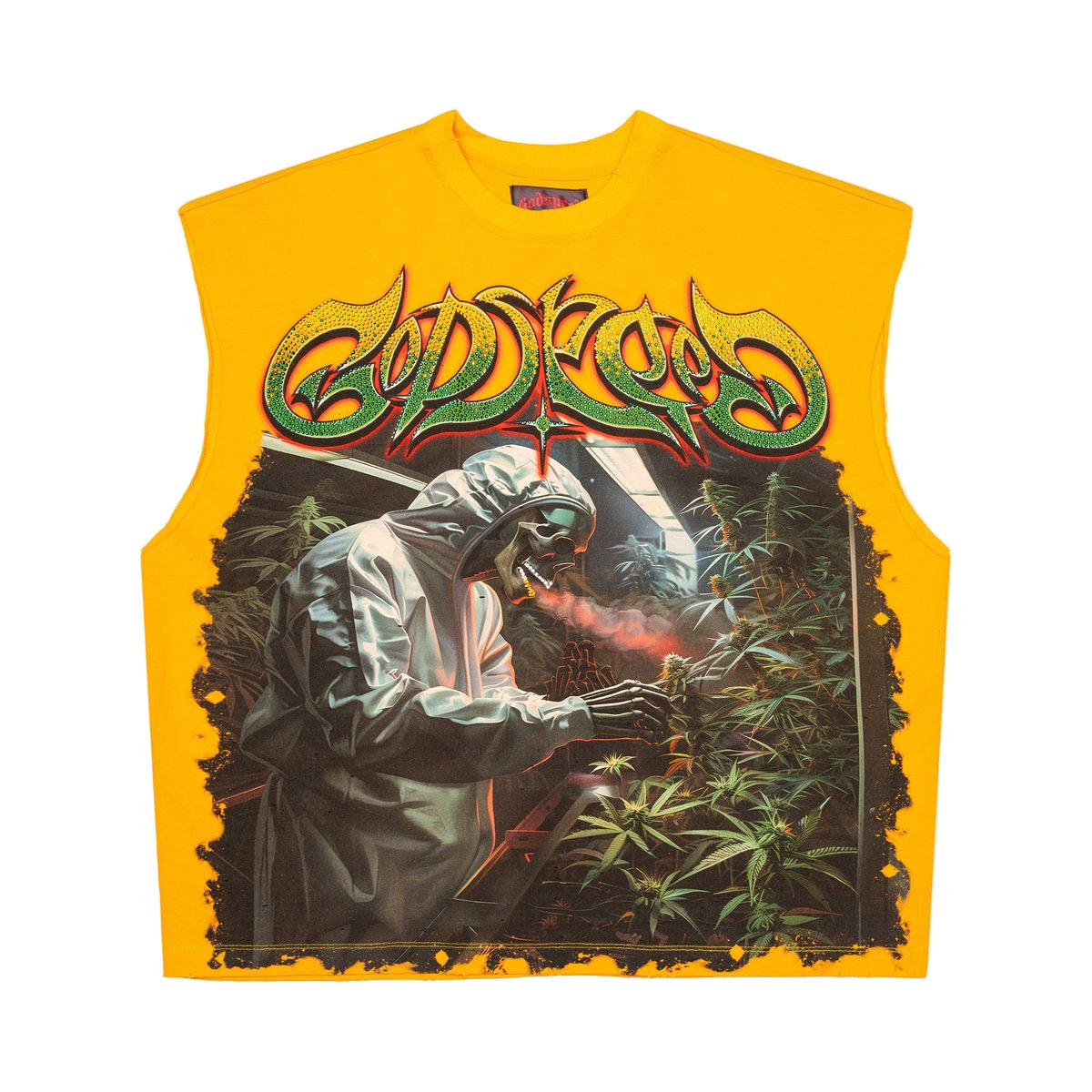 Godspeed 420 Indoor VVS Sleeveless Yellow Tee with crown art and stone detailing, limited to 444 numbered examples.
