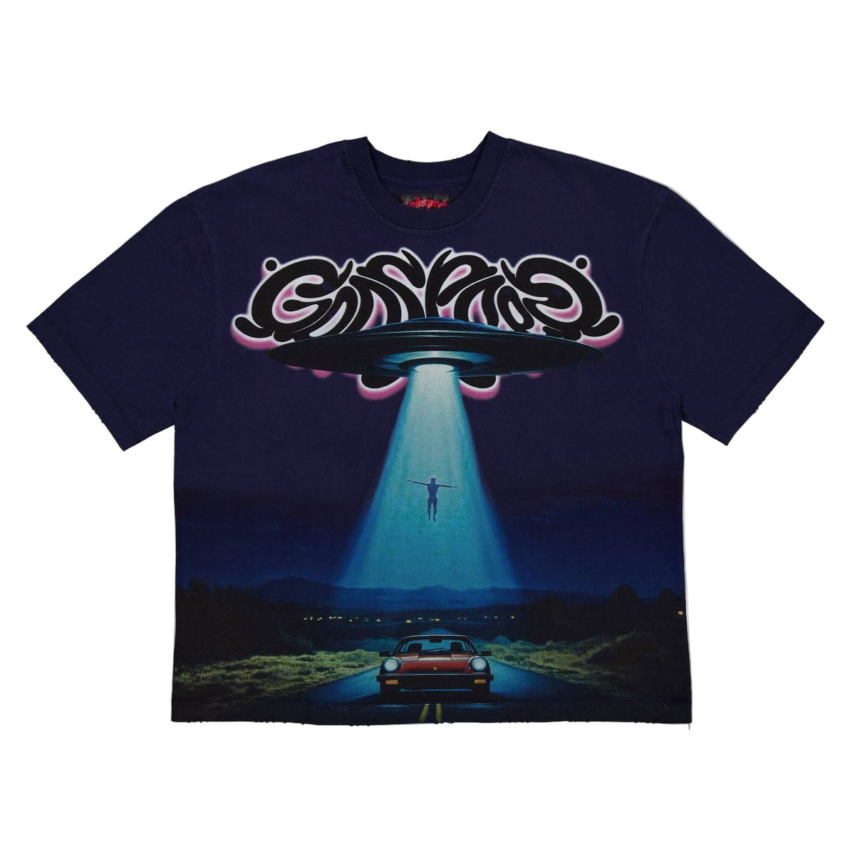 Navy Godspeed Abduction T-shirt made from mid-weight washed fabric with digital art graphic and numbered tag from a 555-piece limited release.