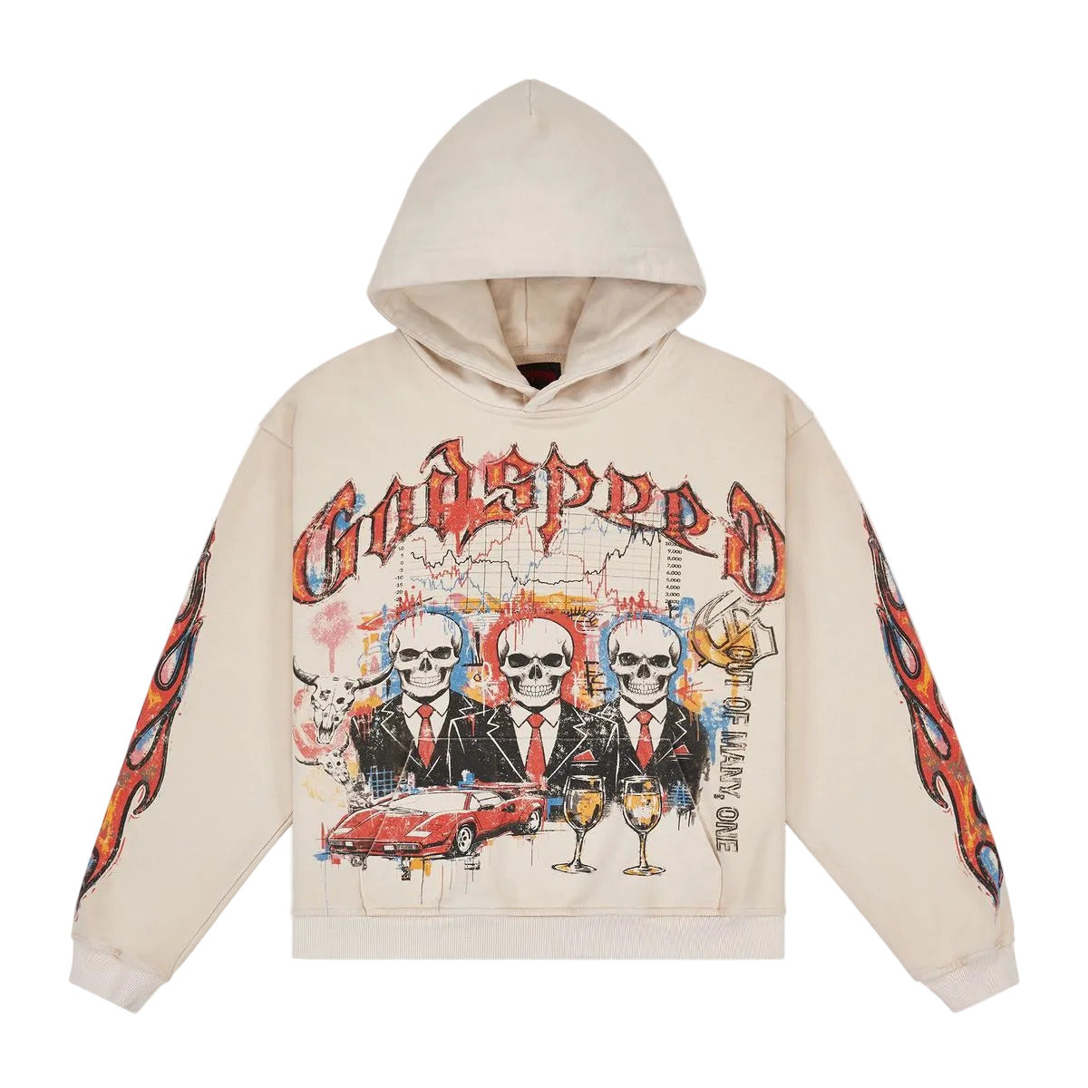 Godspeed ATH bone hoodie with art sleeve design and GS logo, limited to 444 pieces.