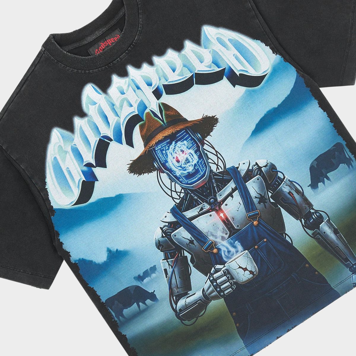 Godspeed Aura Farm Black Wash T-shirt with “Digital Cattle” artwork and stone detailing around the crown