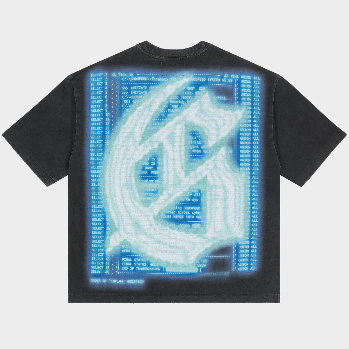 Godspeed Aura Farm Black Wash T-shirt with “Digital Cattle” artwork and stone detailing around the crown