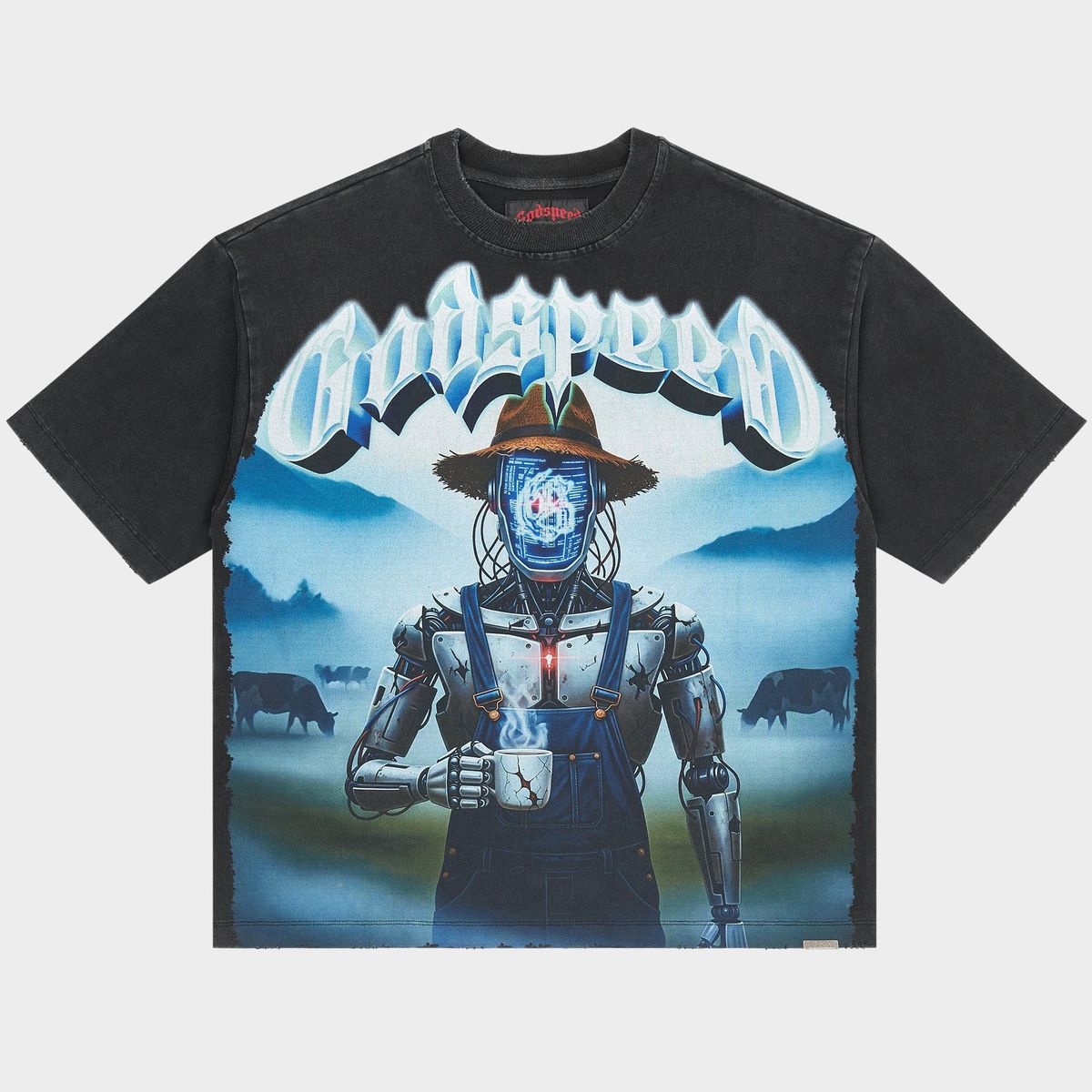 Godspeed Aura Farm Black Wash T-shirt with “Digital Cattle” artwork and stone detailing around the crown