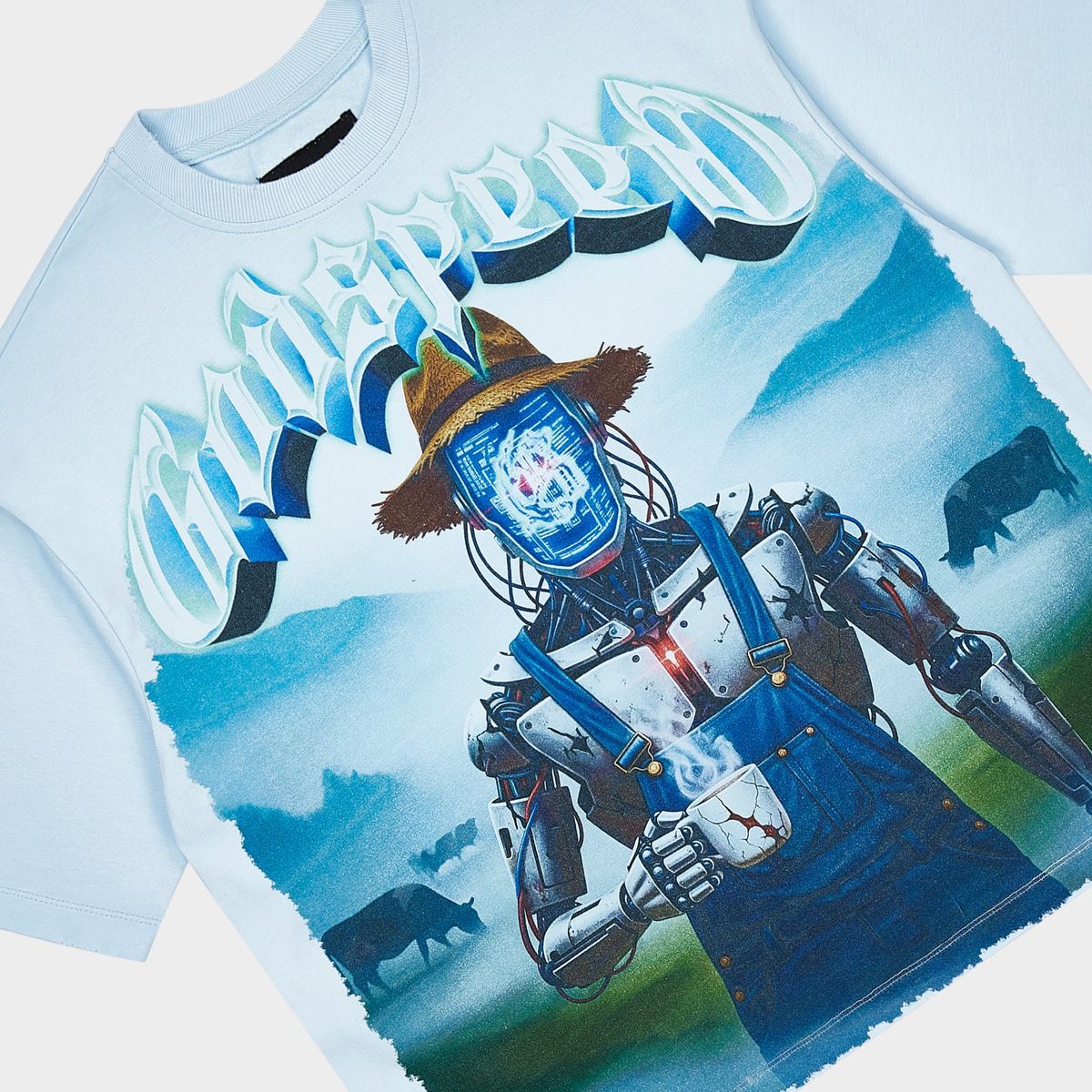 Godspeed Aura Farm T-Shirt in ice with "Digital Cattle" graphic and stone embellishments around the crown