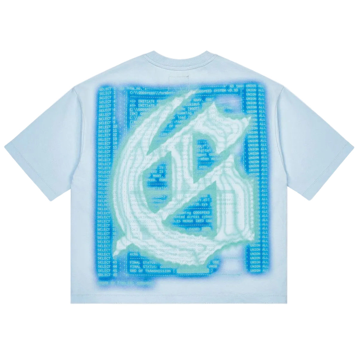Godspeed Aura Farm T-Shirt in ice with "Digital Cattle" graphic and stone embellishments around the crown
