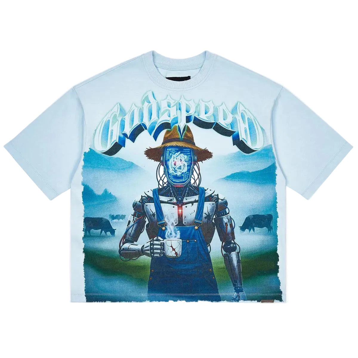 Godspeed Aura Farm T-Shirt in ice with "Digital Cattle" graphic and stone embellishments around the crown