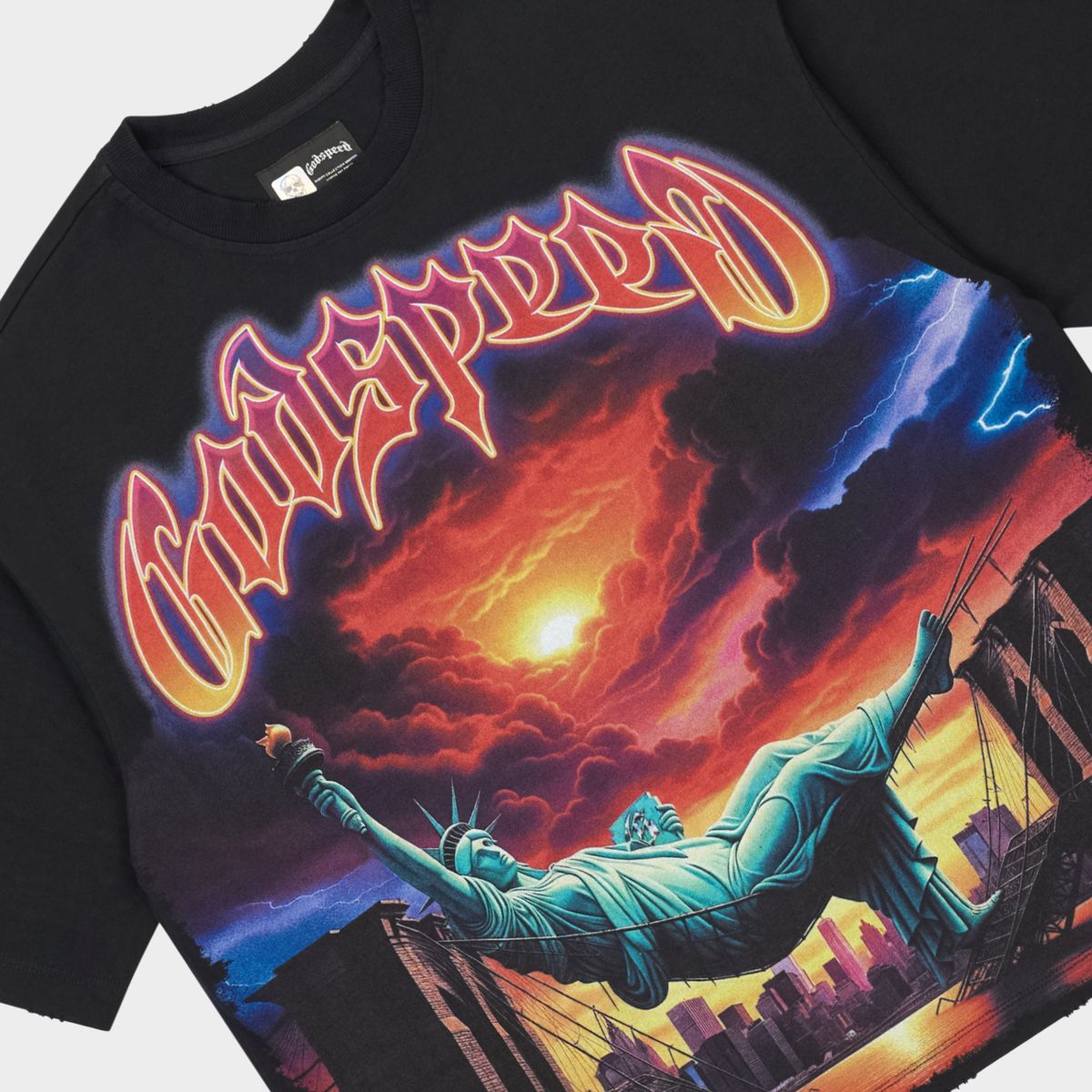 Godspeed Burnt Bridges T-shirt in black with bold graphic artwork, stone crown detailing, and heavyweight streetwear fabric