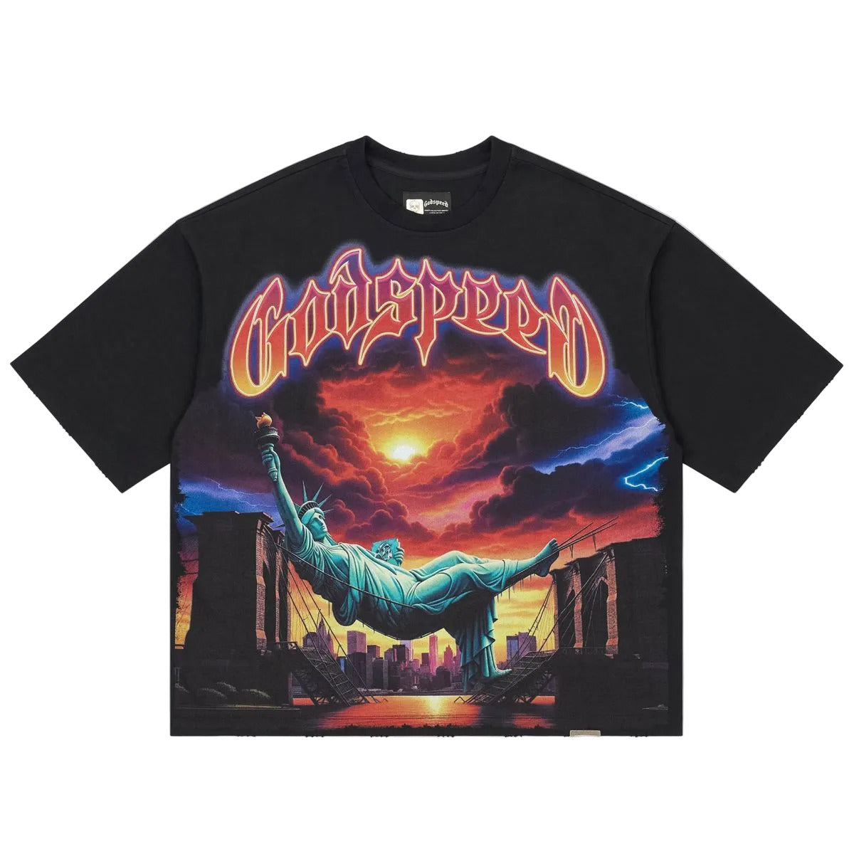 Godspeed Burnt Bridges T-shirt in black with bold graphic artwork, stone crown detailing, and heavyweight streetwear fabric