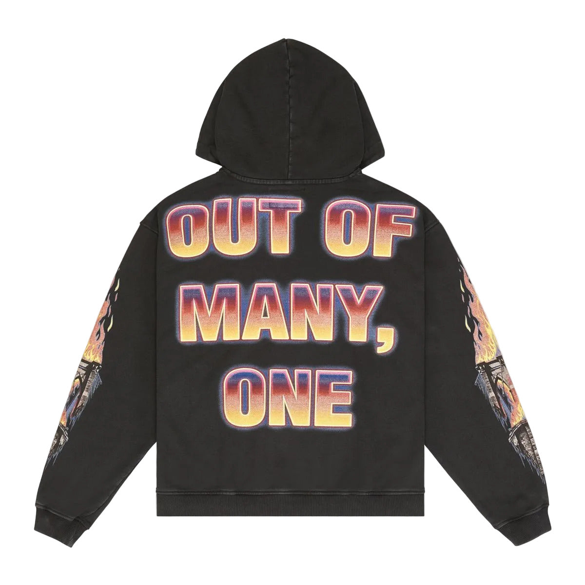 Black hoodie with colorful text 'OUT OF MANY, ONE' on the back against a white background