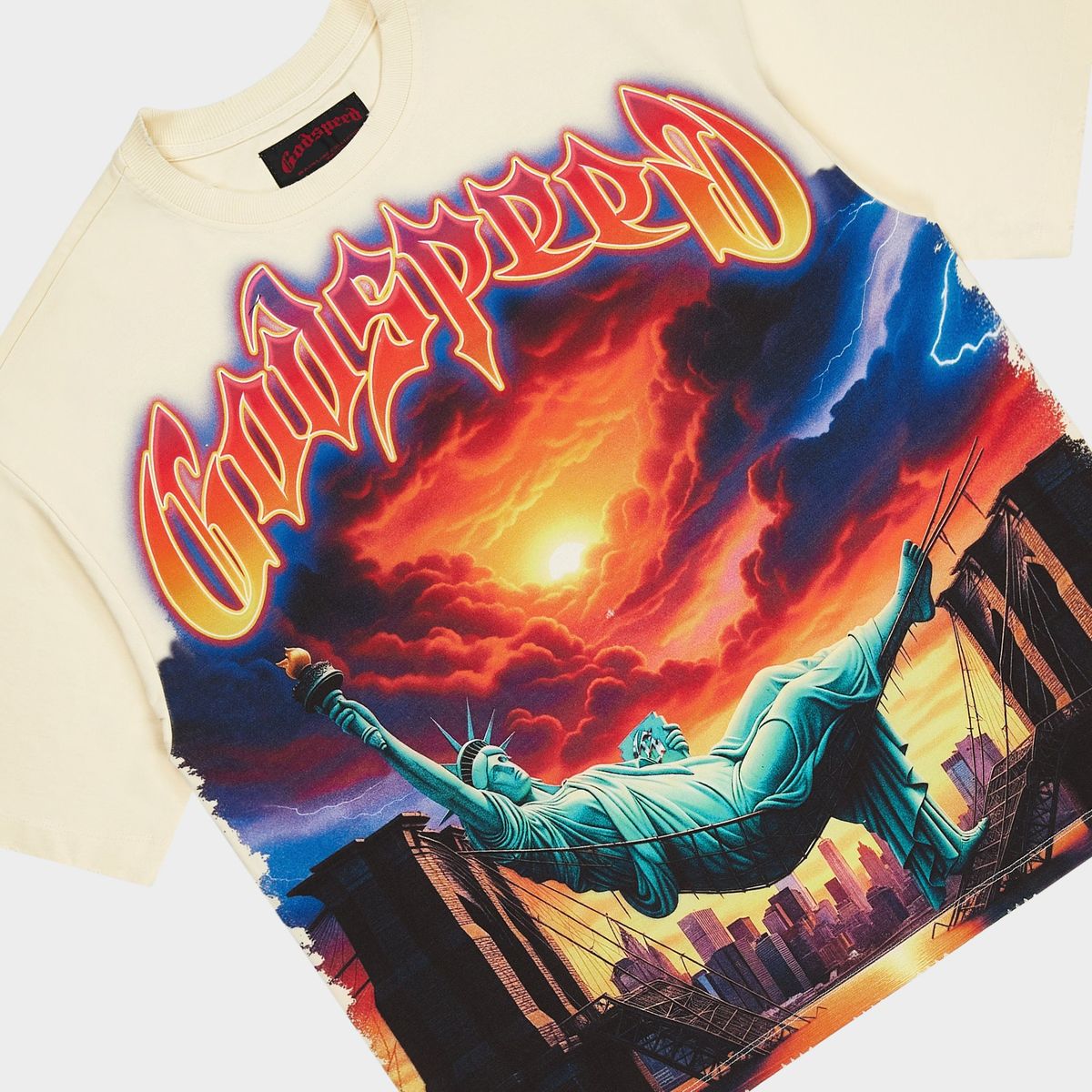 Godspeed Burnt Bridges T-Shirt with bold graphic art and stone embellishments around the crown