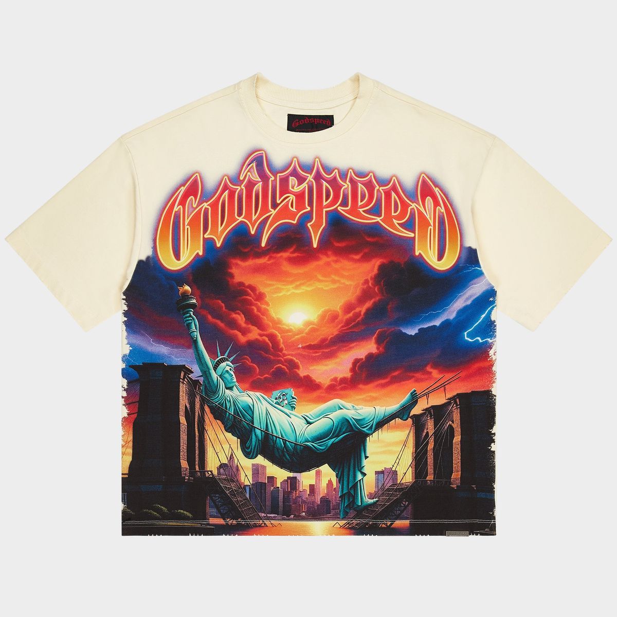 Godspeed Burnt Bridges T-Shirt with bold graphic art and stone embellishments around the crown