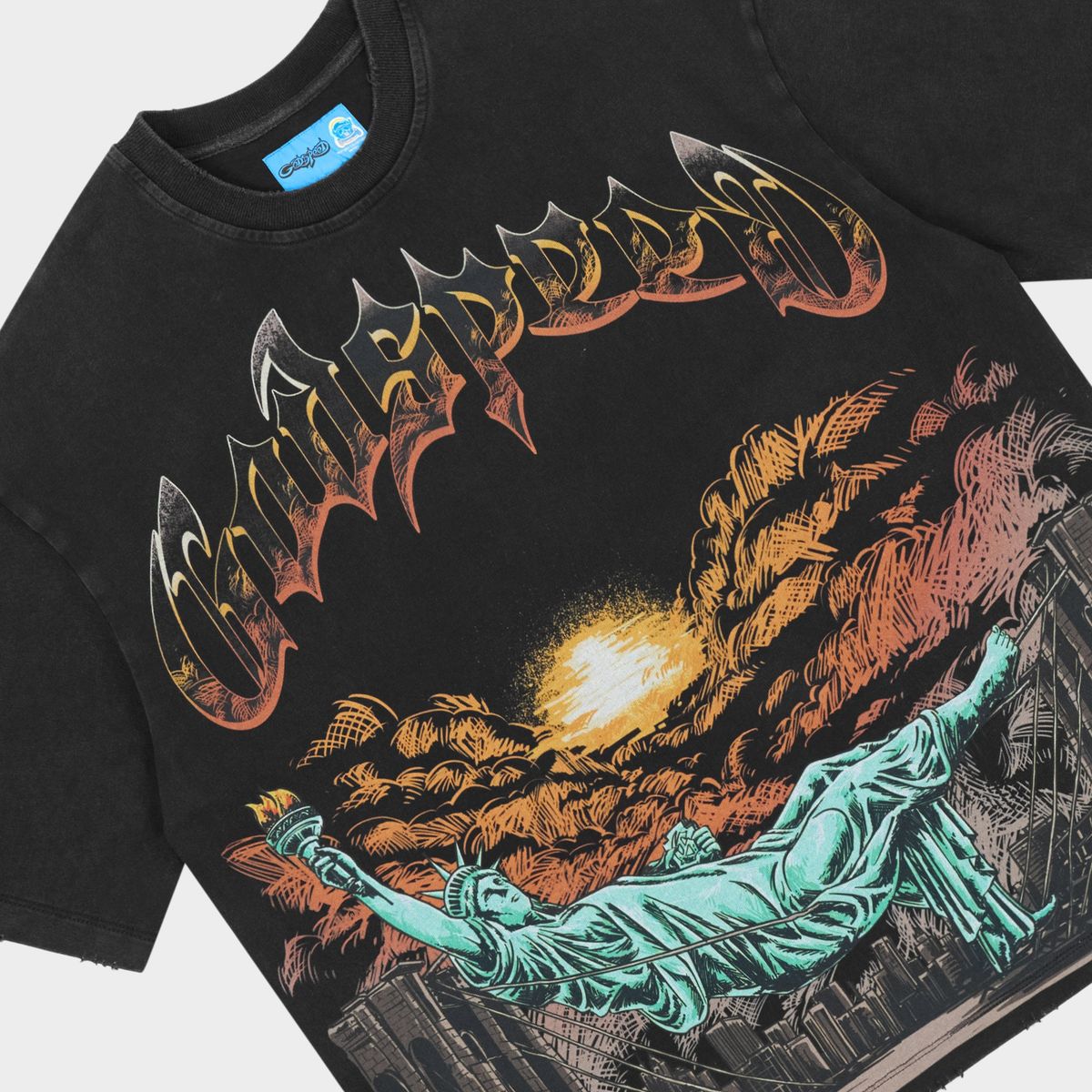 Godspeed Burnt Bridges II NG Black graphic T-shirt made from 10oz mid-weight washed fabric featuring Burnt Bridges artwork with stone embellishments around the crown.