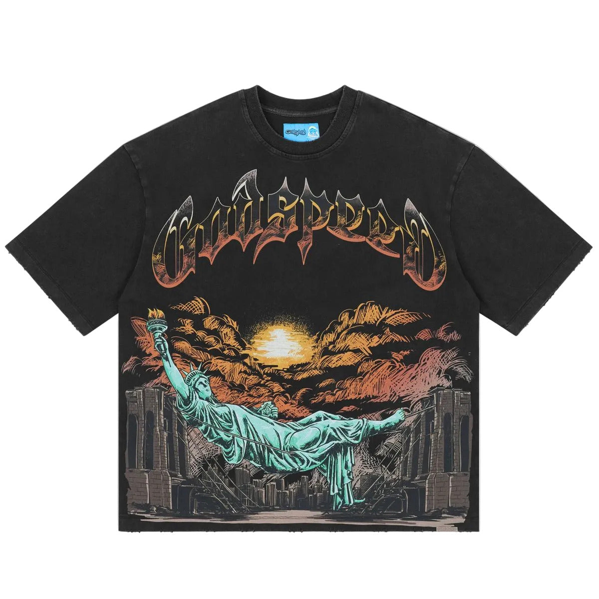 Godspeed Burnt Bridges II NG Black graphic T-shirt made from 10oz mid-weight washed fabric featuring Burnt Bridges artwork with stone embellishments around the crown.
