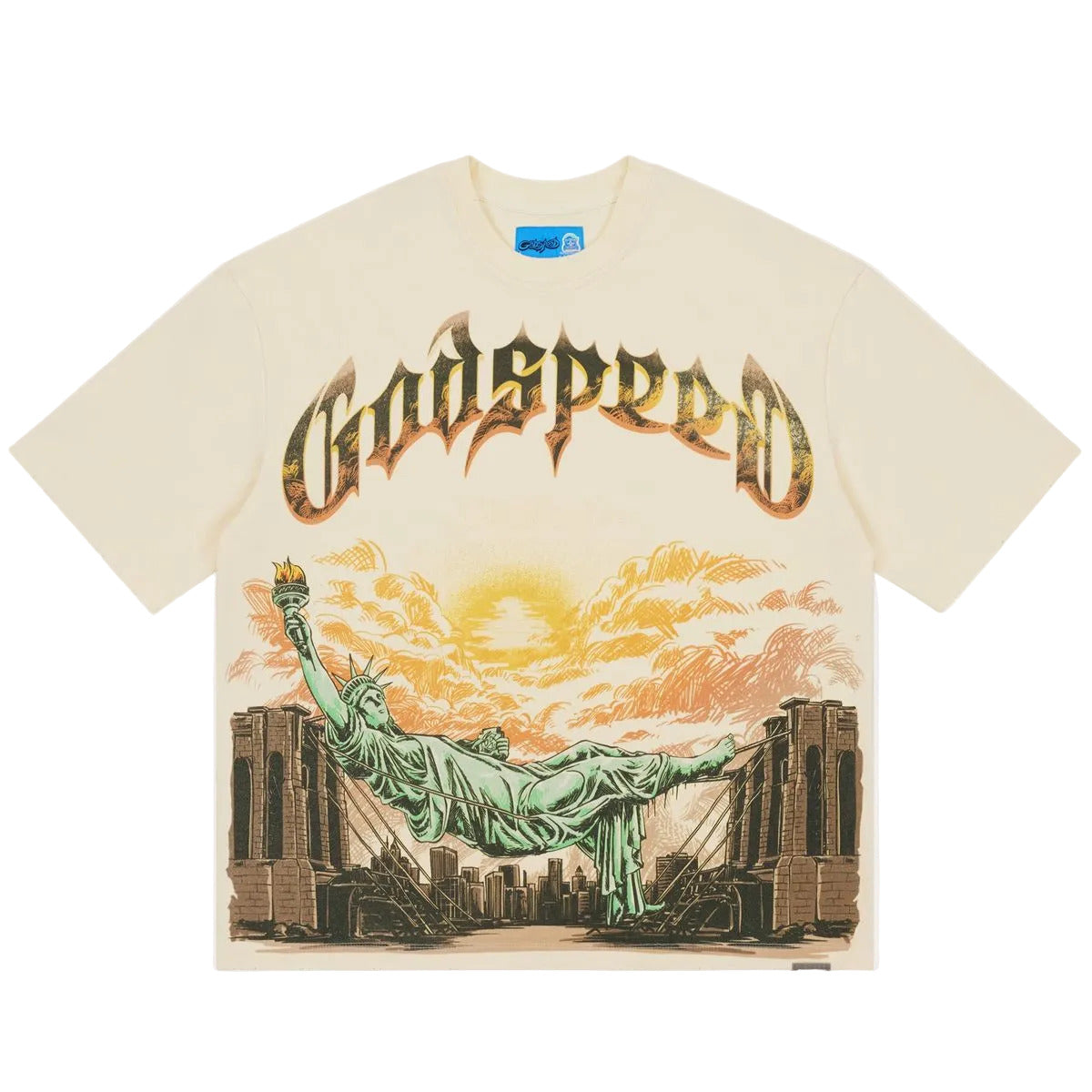 Godspeed Burnt Bridges II NG Bone graphic T-shirt made from 10oz mid-weight washed fabric with Burnt Bridges artwork and stone embellishments around the crown.