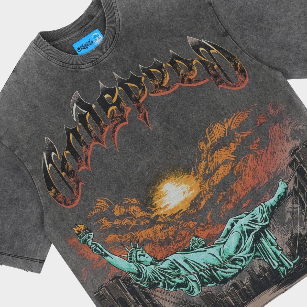 Godspeed Burnt Bridges II NG Grey graphic T-shirt made from 10oz mid-weight washed fabric with Burnt Bridges artwork and stone embellishments around the crown.